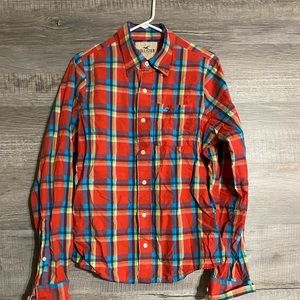 Hollister Mens Button Up Shirt Large Red Blue Plaid Long Sleeve Pocket Casual